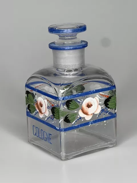 Antique Apothecary Drug Store Cologne Square Glass Bottle Hand Painted Roses 3