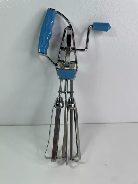 Blue and Stainless Steel Chrome Crank Hand Mixer Egg Beater Rotary Whisk