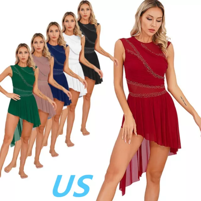 US Womens Lyrical Dance Costume High Low Modern Contemporary Dance Leotard Dress