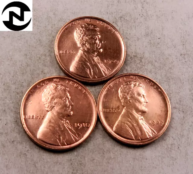 1909 VDB+1909+1910 Lincoln Wheat Penny Cent Set/Lot ~ Uncirculated (red)~ (WL95)