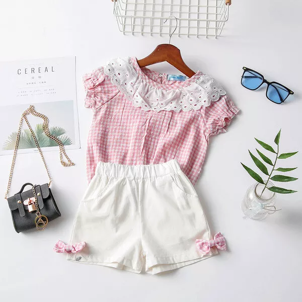 Completo Bimba bambina Maglia maniche corte pantaloni corti rosa bianco B035