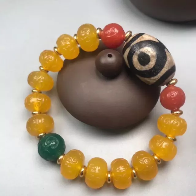 Tibetan Buddhist Bead Yellow Agate Abacus Bead Three Eyed Tianzhu Bracelet