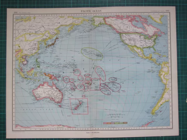1952 Large Map ~ Pacific Ocean ~ Australia Polynesia New Zealand Oceania