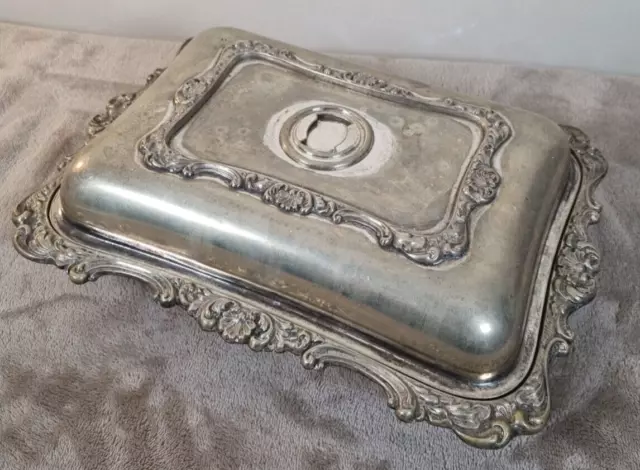 Vintage Heavy Silver Plate Lidded Warming Serving Tray Embroidery Modern