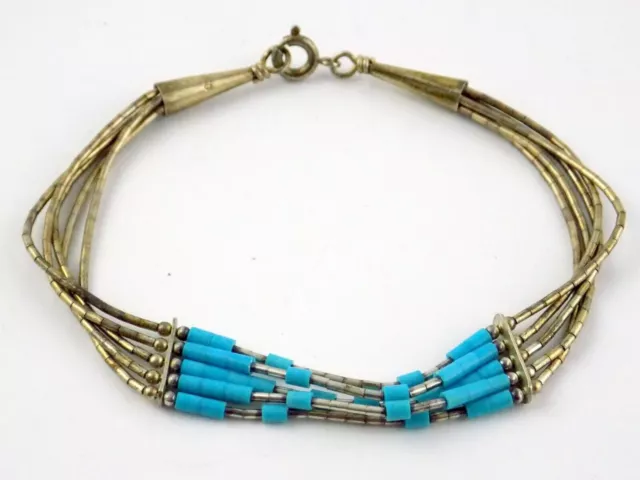 Southwestern Sterling Cinq Strand Liquide Turquoise Argent Heishi Perlé Bracelet