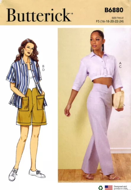 Butterick 6880  Button Front Shirt Top Wide Leg Pants Shorts 6-24 Sewing Pattern