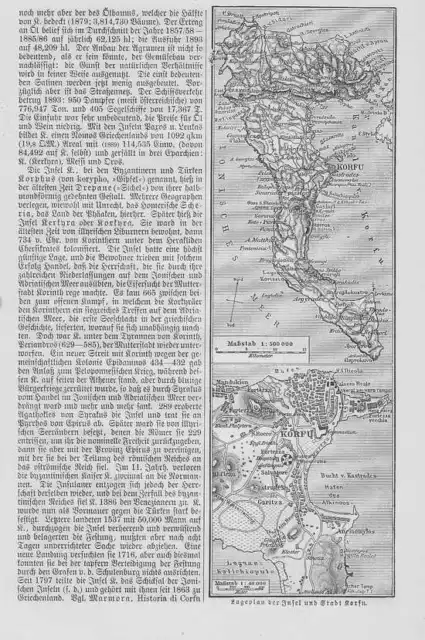 Insel Korfu StadtKorfu Original Karte von 1897 Angelokastro Ionische Inseln