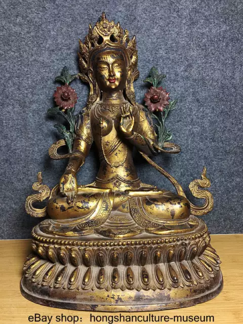 18 " Old Tibet Buddhism Bronze Gilt Painting Green Tara Buddha Lotus Statue