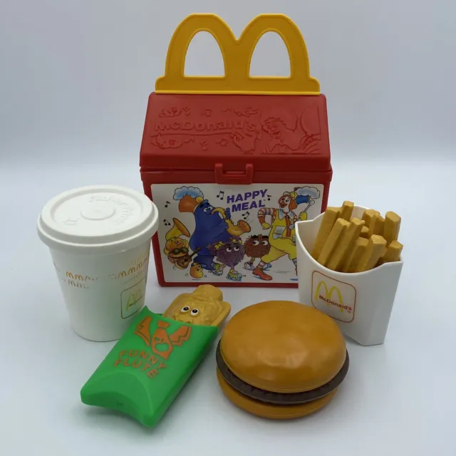 Vtg 1989 Fisher Price McDonalds Happy Meal Box Burger Funny Flute Fries Cup Lid