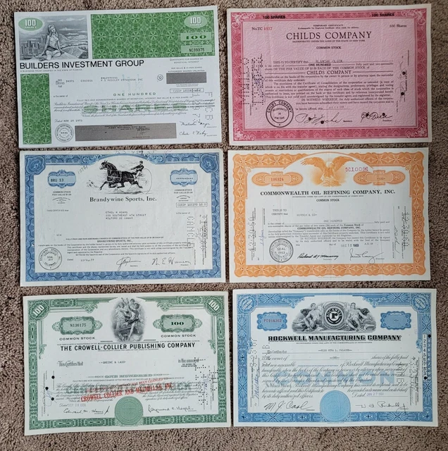 Vintage lot of 6 Cancelled Stock Certificates. Suitable for framing. Nice gift.