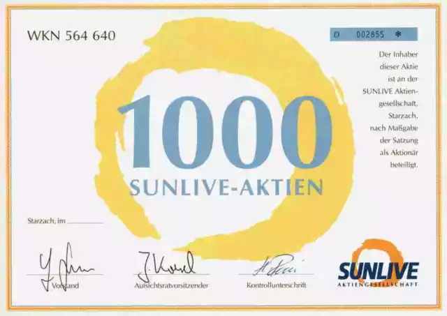 SUNLIVE AG 1999 Starzach Tübingen S.A.G. Solarstrom AG Freiburg 1000 Stückaktie