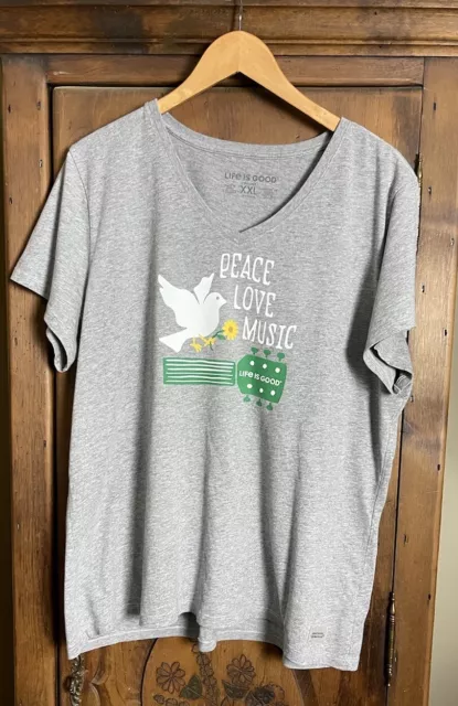 Life Is Good Women’s Size XXL V- Neck Gray S/S Crusher Tee PEACE-LOVE-MUSIC