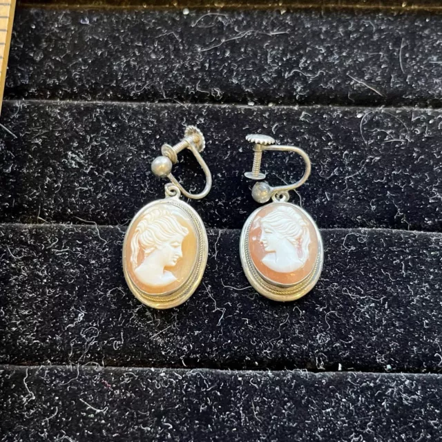 Vintage French Cameo Earrings Sterling Silver Vermeil Screw Backs C. 1930