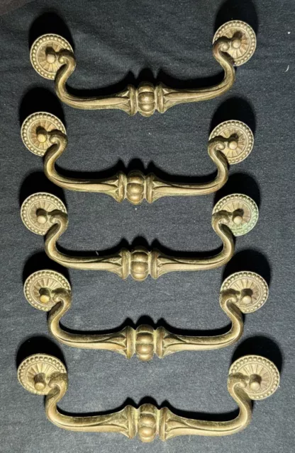 5 Vintage Brass Ornate Drawer Pull Handles Patina Aged