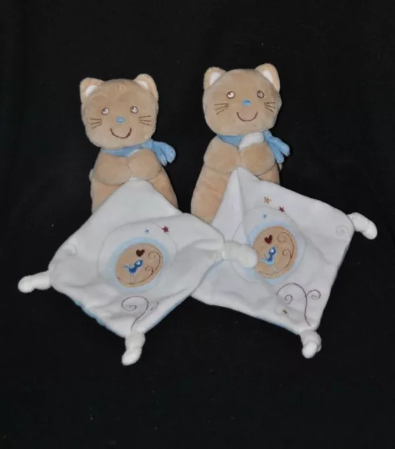 Lot 2 peluche doudou chat beige POMMETTE mouchoir blanc bleu oiseau 16 cm NEUF