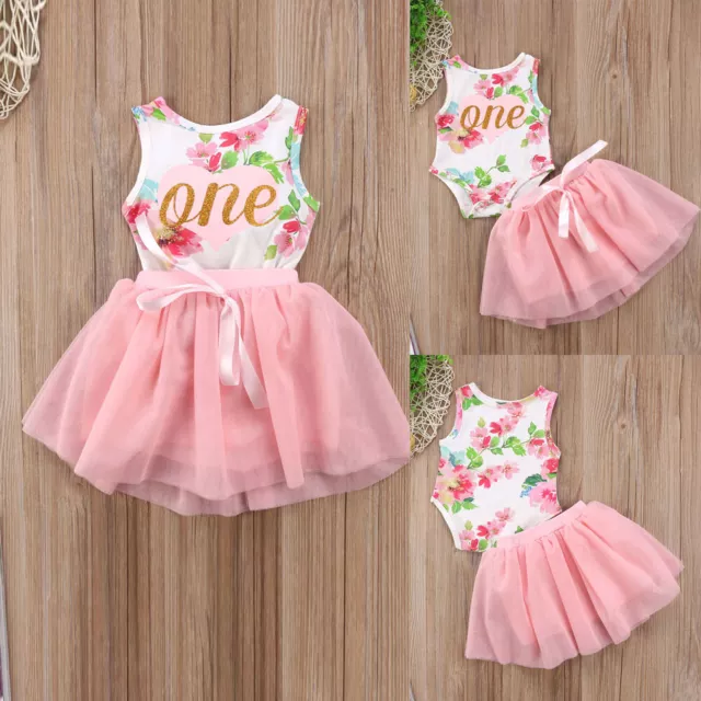 Infant Baby Girls 1st Birthday Skirt Clothes Floral Romper Tutu Dress Outfits