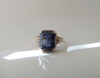 Art Deco Era 10K Yellow Gold 4 Carat Blue Lab Sapphire Ring