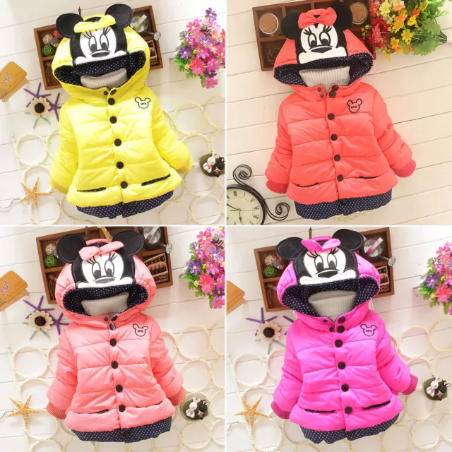 Kids Girls Minnie Mouse Winter Coat Hooded Jacket Toddler Warm Padded Outwear