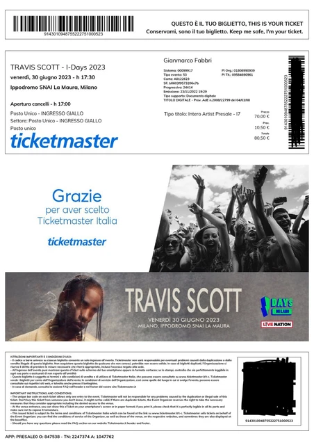 Biglietto concerto Travis Scott 30/06 Ippodromo Snai: ingresso giallo