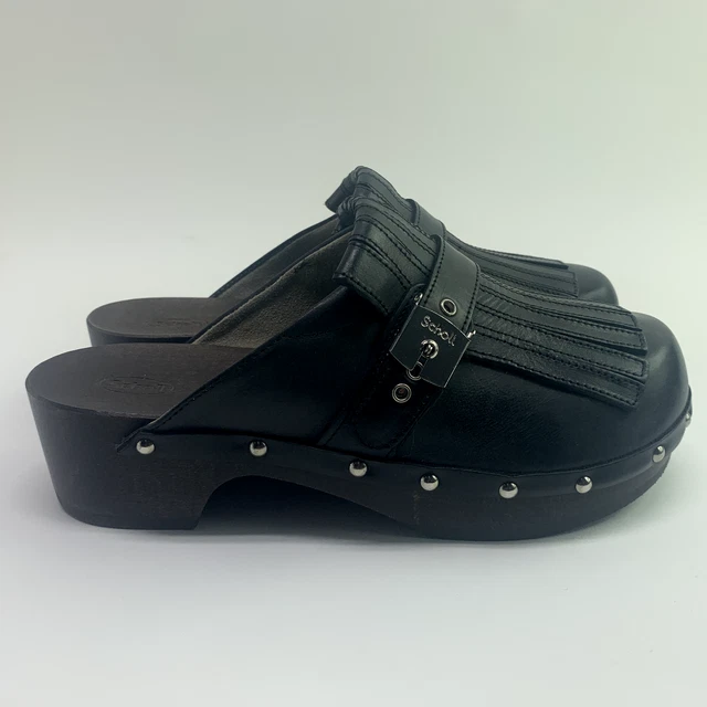 SCHOLL PESCURA MULE Clog Shoe Womens 6.5 Black Leather Buckle Fringe