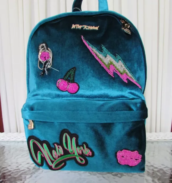 Betsey Johnson Velour Velvet Backpack Large School Book Bag Travel Kitsch NWT