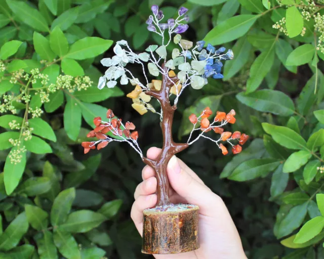 7 Chakra Gem Tree With Wood Base, 7" Tall With 100 Crystal Chips (Crystal Tree)