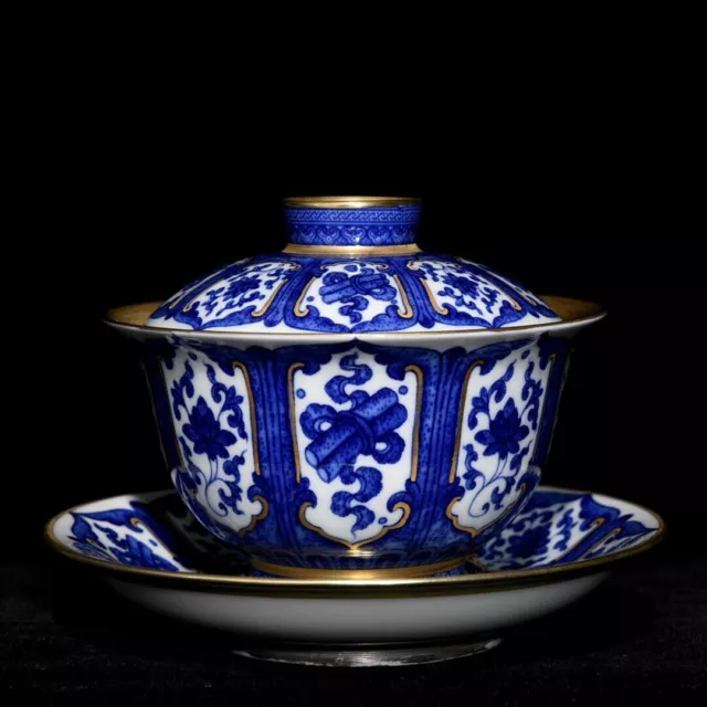 5" Old dynasty Porcelain qianlong mark Blue white Eight treasures covered bowl