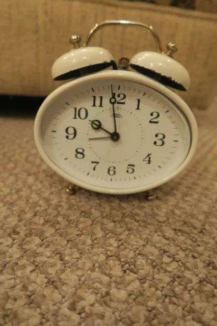 vintage white prim metal double bell wind up alarm clock white oval 1960s style