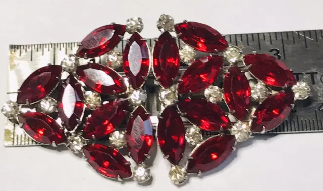 Vintage Art Deco Estate Red Rhinestone Duette Dress / Fur Clip-mates Brooch Pin 3