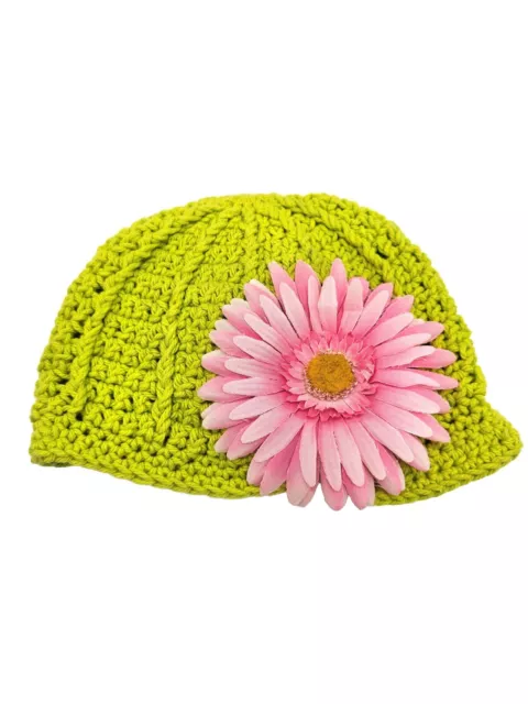 Handmade Crochet Green, Pink Flower Beanie Baby Toddler Hat Sz 1-2 Yr Photo Prop