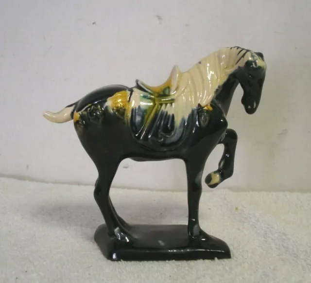 Vtg Chinese Tang Dynasty Drip Style Glaze Ceramic War Horse Figurine dark blue