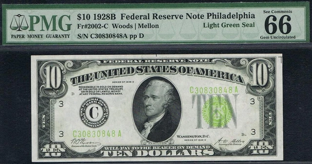 LGS NOTE. $10 1928B Philadelphia FRN. Light Green Seal. PMG 66 EPQ. Very Rare