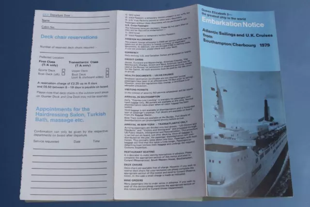 Cunard Line Rms Queen Elizabeth 2 Qe2 Embarkation Notice 1979 Atlantic Sailings