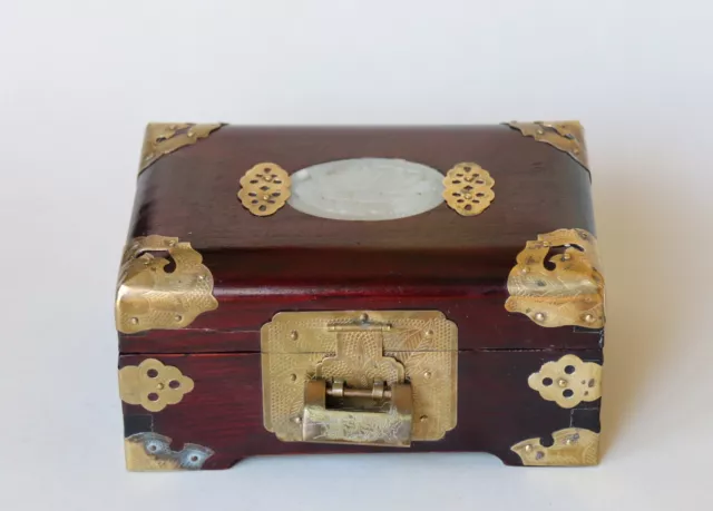 Vintage Chinese Rosewood Jewellery Box w/ Jade on Top and Padlock Mid Century 2