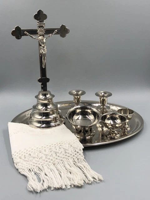 Hausaltar Versehgarnitur Edelstahl Jugendstil Stil Kruzifix Kelche Kerzenhalter