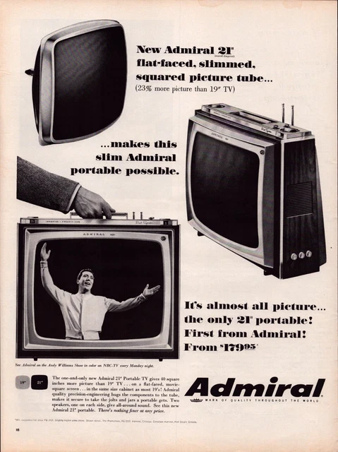 1965 Admiral 21" Portable TV Television, Andy Williams Show Vintage Print Ad L33