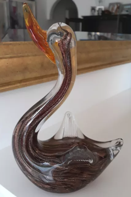 Art Glass Swan Copper Black Gold Inclusions - Murano Style