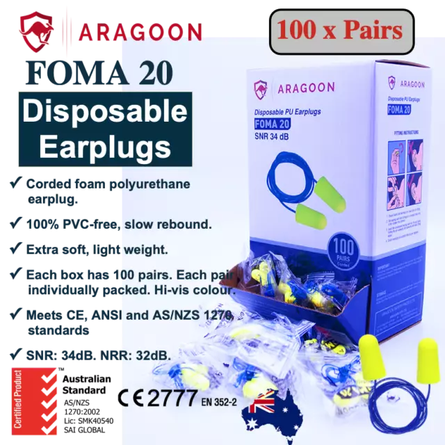 100 Pairs Corded Disposable Ear Plug ARAGOON FOMA20 Foam Noise Red PPE Dispenser