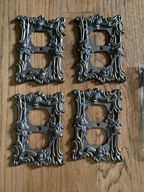 Vtg (4) SET AmerTac Old World Rose Double Outlet Wall Plate Cover Brass 60D