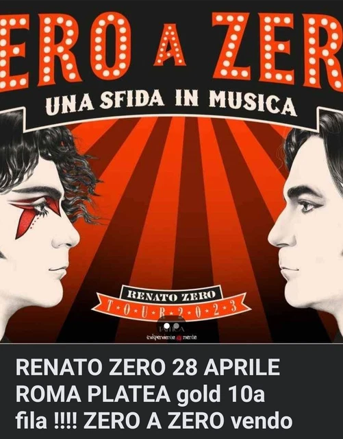 Biglietto Renato Zero  PLATEA GOLD 10 FILA ROMA 28 APRILE 2023 Zero a Zero