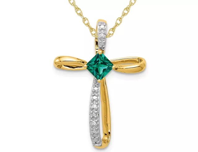 1/4 Carat (ctw) Lab-Created Emerald Cross Pendant 14K Yellow Gold