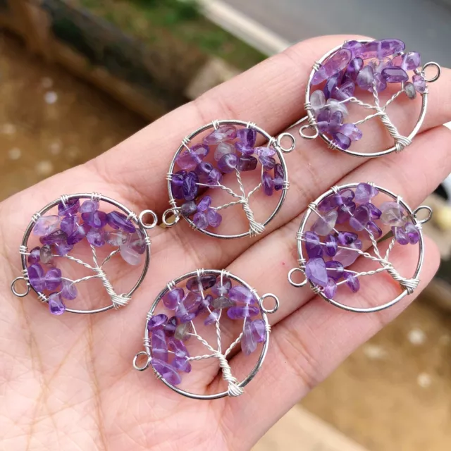 5PCS Yoga Amethyst Gems Stone Tree Of Life Pendants Reiki Healing Amulet Gift