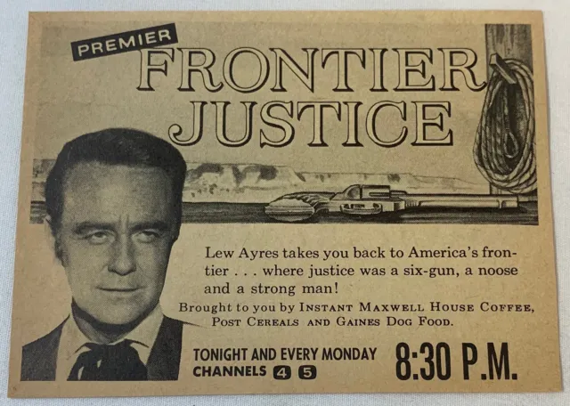 1958 CBS TV Ad ~ Frontier Giustizia Lew Ayres