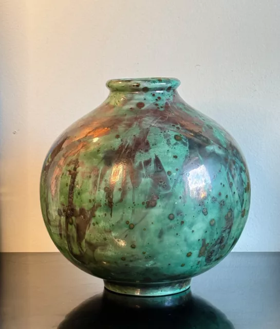 William K. Turner Raku Art Pottery Iridescent Green Metallic Vase