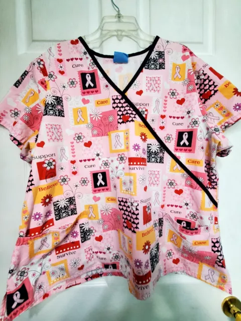 Scrub HQ SCRUB TOP Size 2XL-Pink/Black Floral/CA Ribbon Mock Wrap-Chest 27"/L27"