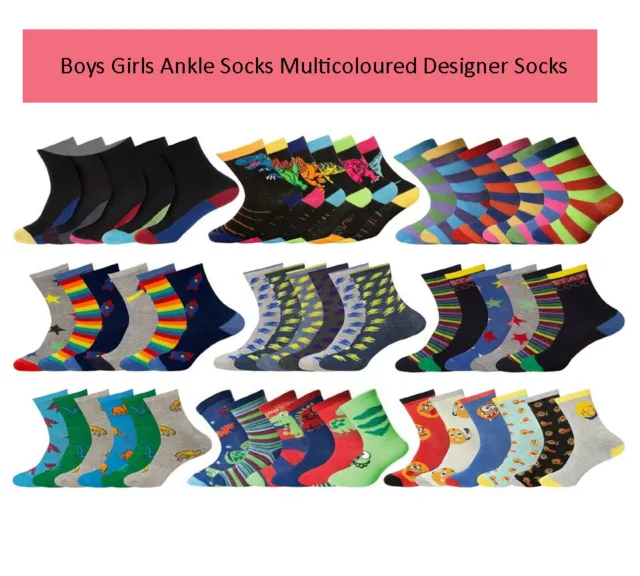 Pack Of 6 Boys Girls Ankle Socks Multicoloured Kids Designer Childern Socks UK