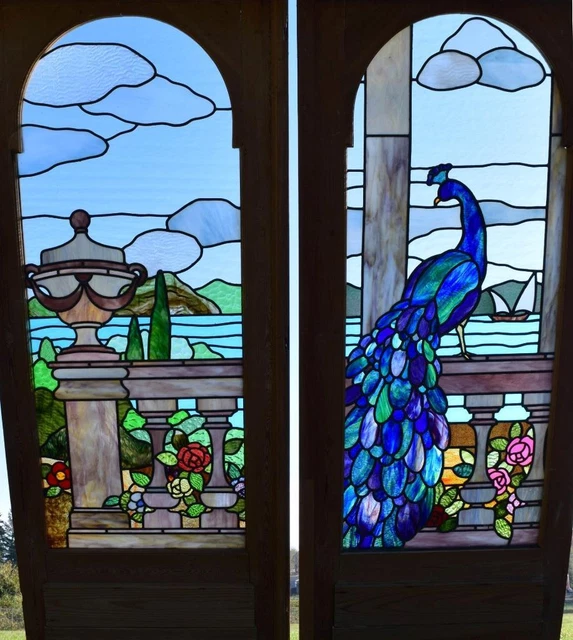 *Beautiful Pair of Pine Antique French Stained/Leaded Glass Doors with Peacock