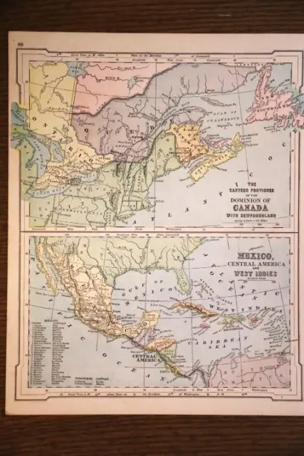 1901 Antique Poates Atlas Map-Canada-Eastern Provinces & Central America
