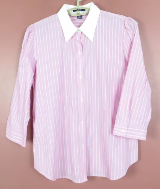 TB14937-  CHAPS Women Lightweight Cotton Blouse 3/4 Sleeve Pink White Striped XL