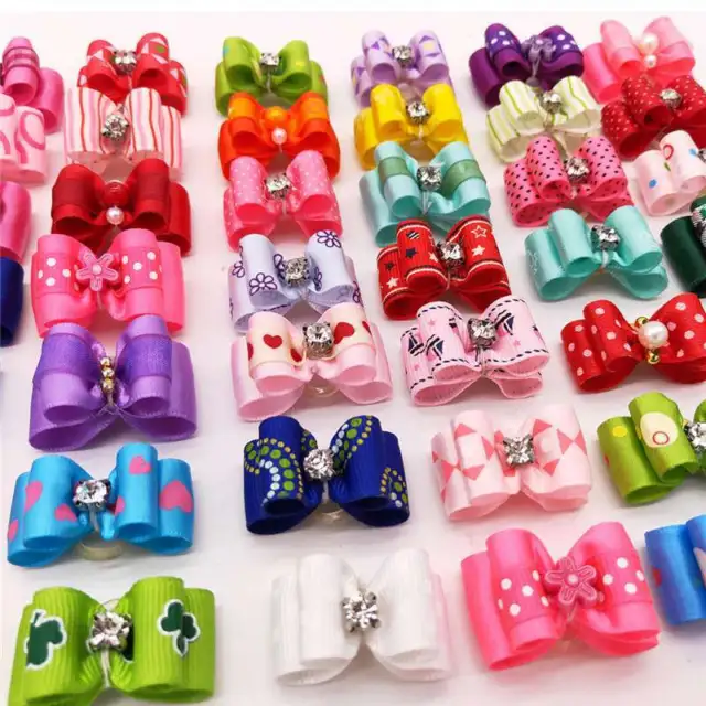 3D Small Puppy Pet Dog Hair Bows Rubber Bands Grooming Rhinestone Cat 10-50PCS